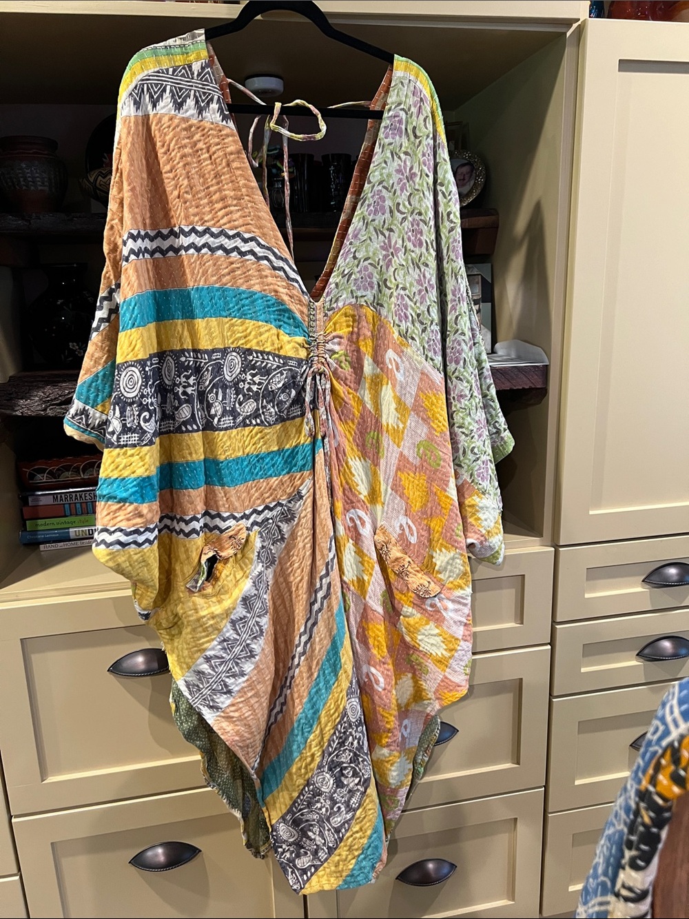 Multicolor Patchwork V-Neck Tunic with Tie Detail
